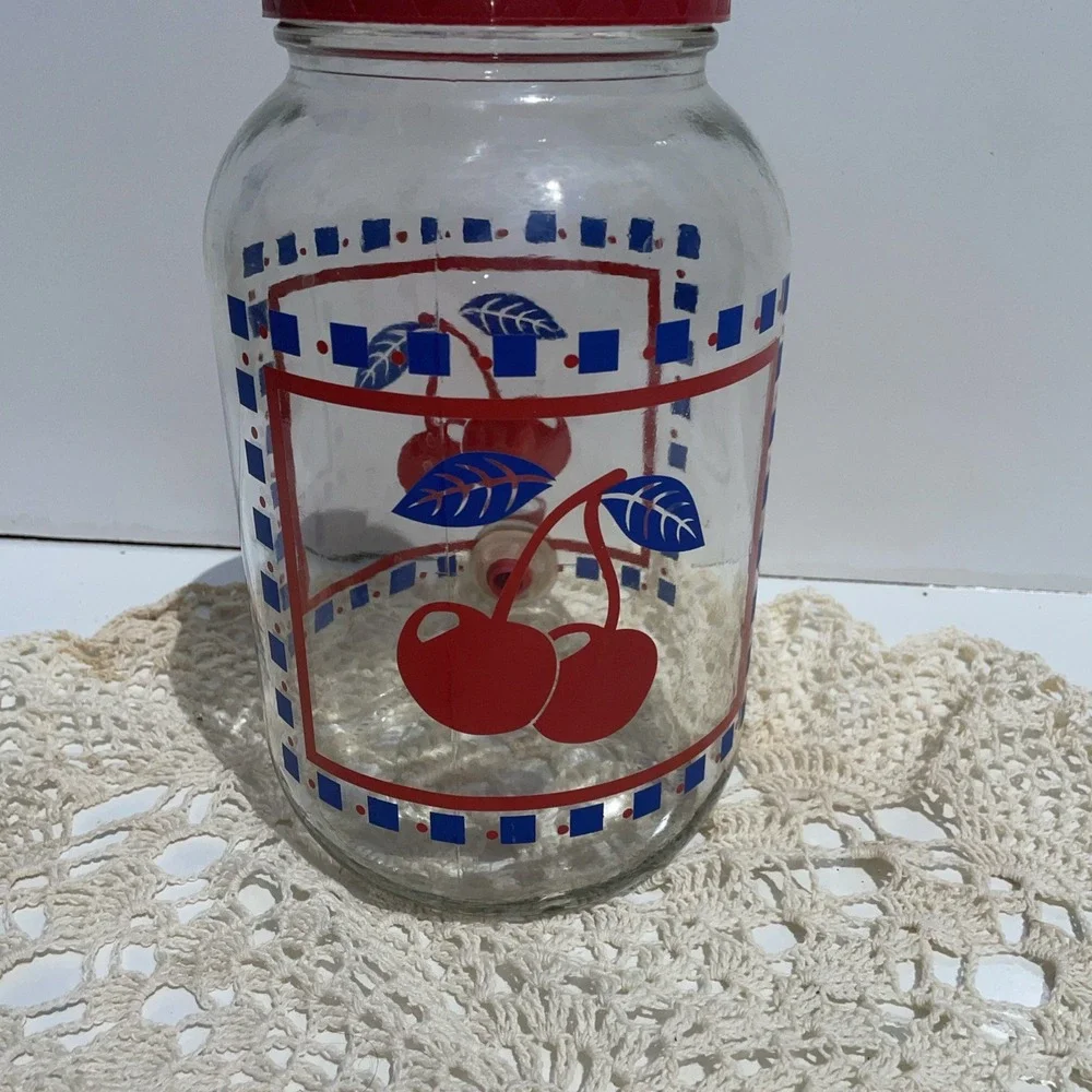 Vintage MCM Sun Tea Glass Beverage Dispenser Jar 1 Gal. Cherries Anchor Hocking